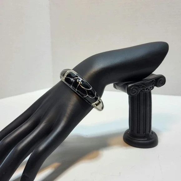 Lia Sophia Silver and Black Rhinestone Accent Bangle Hinged Bracelet - Picture 2 of 7